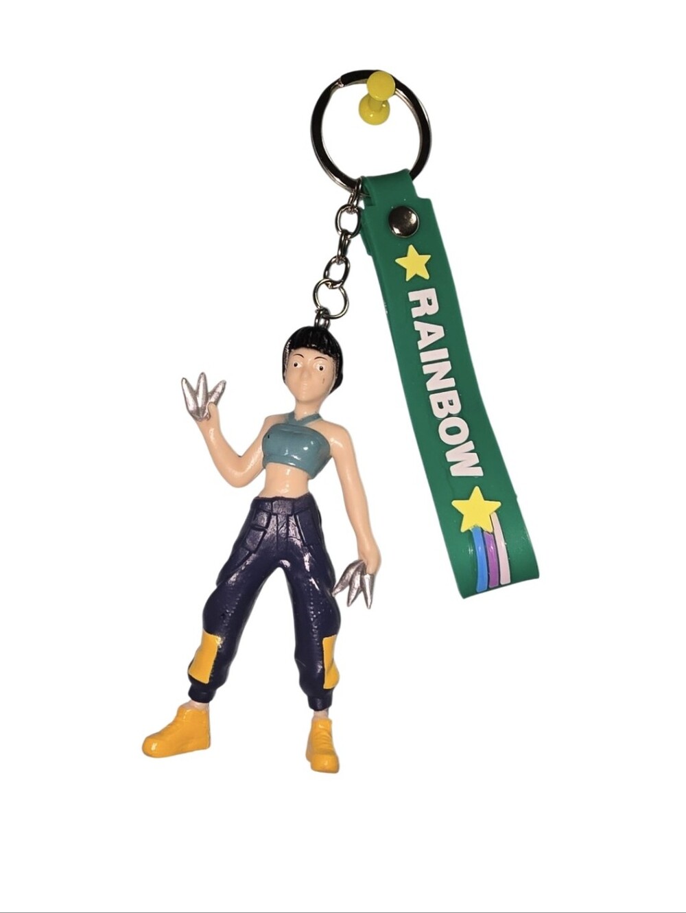 Rainbow Green Keychain with Yellow Accents and Fashion Figure